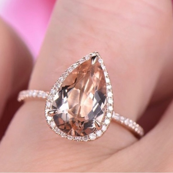 Morganite 6 Carat Pink Diamonds Simulated Tear Drop Halo Statement Ring. - Picture 2 of 6